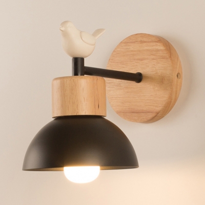 Kids Domed Shaped Wall Light with Bird Decoration Metal Wood 1 Light Black/White Wall Lamp for Child Bedroom