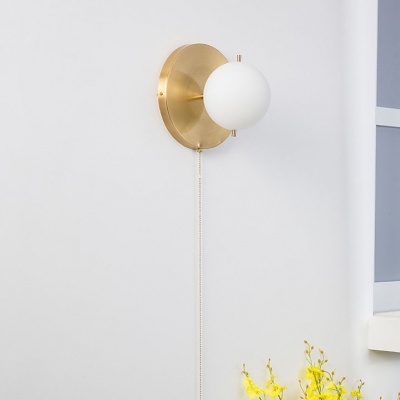 Contemporary Globe Wall Light with Pull Chain Frosted Glass Wall Lamp in Gold for Dining Room
