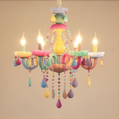6 Lights Candle Chandelier Macaron Loft Glass Colorful Suspension Light with Crystal for Girl Bedroom