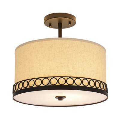 American Rustic Drum Ceiling Lamp Fabric 5 Lights White Semi Flush Mount Light for Living Room