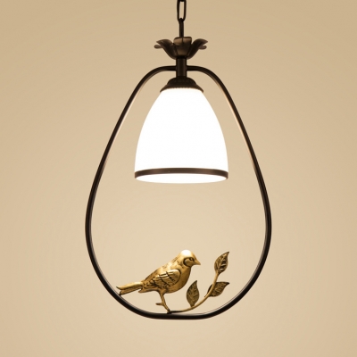 American Rustic Pendant Lamp Dome Shade 1 Light Frosted Glass Hanging Light with Bird & Circle/Oval Ring for Bedroom