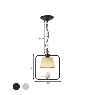 American Rustic Tapered Shade Suspension Light with Bird Decoration Fabric 1 Light Black/White Hanging Light