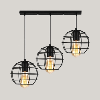 Antique Globe Cage Pendant Light 3 Lights Metal Linear/Round Canopy Ceiling Lamp in Black for Cafe