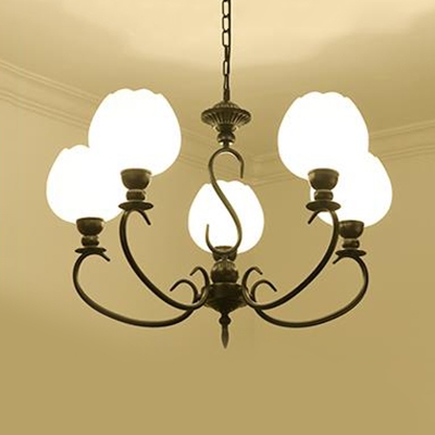 Antique Style Bud Shade Chandelier 3/5 Lights Frosted Glass Pendant Light in Black for Hallway
