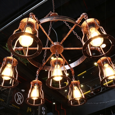 Antique Style Rust Pendant Light Wheel Gear 7 Lights Metal Suspension Light for Bar Restaurant