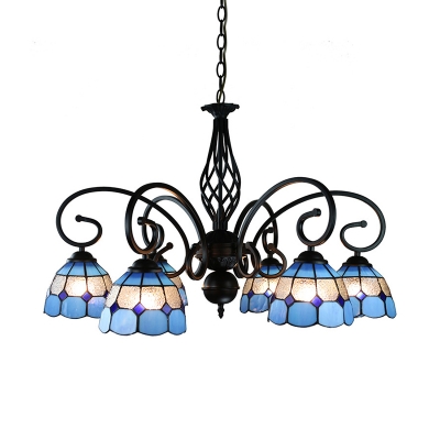 Art Glass Dome Chandelier Living Room 6/8 Lights Mediterranean Style Suspension Light in Blue