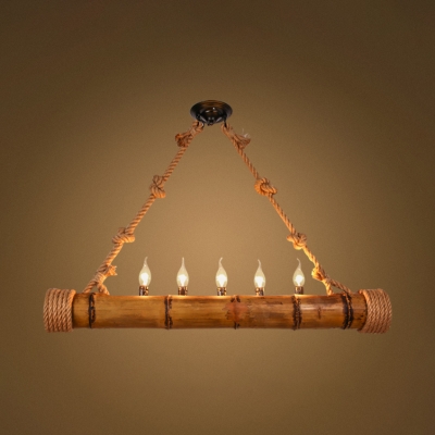 Bamboo Cylinder Pendant Light with Candle & Rope 5 Lights Rustic Hanging Light in Beige for Shop