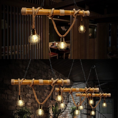 Bamboo Linear Island Light 3 Lights Industrial Island Lamp with Cage in Beige for Bar