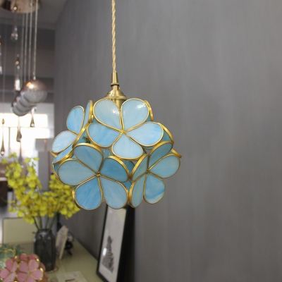 Beautiful Flower Pendant Light Beautiful Blue/Clear/Sky Blue/Pink Glass Hanging Lamp for Girl Bedroom