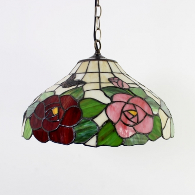 Bedroom Butterfly Rose Hanging Light Stained Glass 16 Inch 1 Light Rustic Style Suspension Light