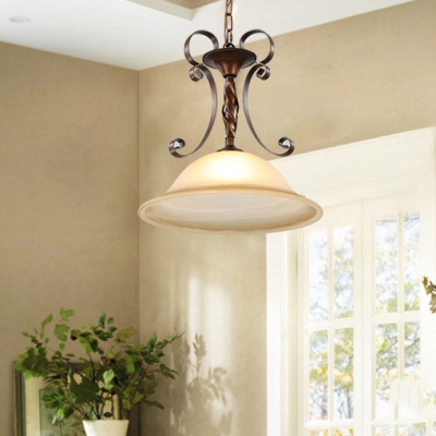 Bell Shade Dining Room Ceiling Light Frosted Glass Metal 1 Light Hanging Lamp in Beige