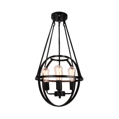 Black Oval Cage Pendant Lamp 4 Lights American Rustic Metal Chandelier for Dining Room