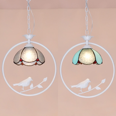 Blue & Dimple/Dimple Glass Pendant Light with Bird Foyer 1 Light Tiffany Rustic Hanging Light