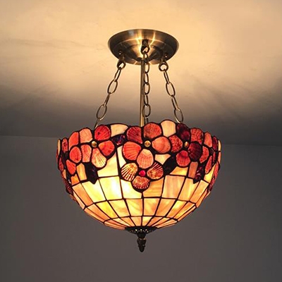Bowl Shade Restaurant Chandelier Stained Glass Tiffany Style Rustic Pendant Light with Flower