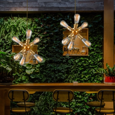 Brass Starburst Shaped Pendant Light 6 Lights Metal Chandelier Light for Dining Room
