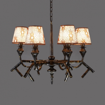 Brown Tapered Shade Chandelier 6 Lights Traditional Fabric Metal Hanging Lamp for Living Room