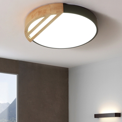 Contemporary Black/Pink Ceiling Mount Light Round Shade Wood LED Ceiling Lamp in Warm/White for Bedroom