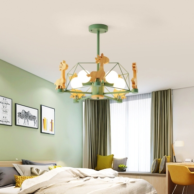 Cute Cartoon Giraffe Chandelier Wood 5 Lights Green/Pink Pendant Lamp for Boy Girl Bedroom