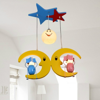Cute Colorful LED Pendant Light Mood Child 3 Heads Wood Hanging Lamp for Boy Girl Bedroom