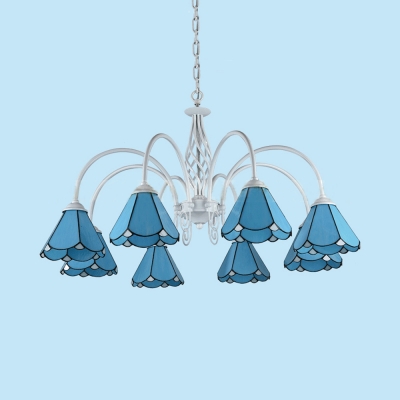 Dining Room Cone Chandelier Glass 8 Lights Mediterranean Style Blue Hanging Light