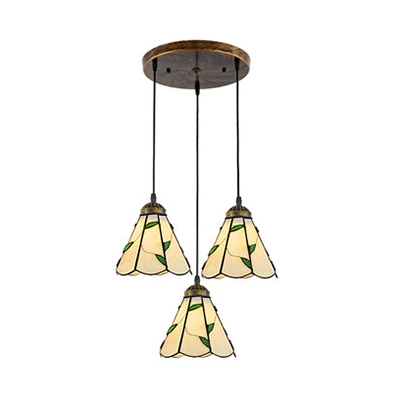 Dining Room Conical Hanging Light Glass 3 Lights Tiffany Rustic Beige/White Suspension Light