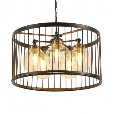 Dining Room Orb Shade Pendant Lamp with Wire Frame Metal 3/5 Lights Traditional Black Chandelier