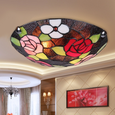 Dome Living Room Flush Ceiling Light with Rose Stained Glass Rustic Stylish Ceiling Lamp