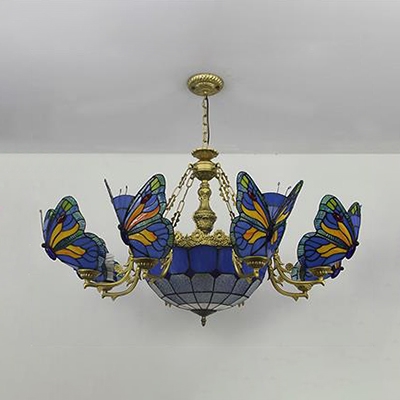 Dome Shade Ceiling Light with Butterfly 9 Lights Tiffany Style Rustic Stained Glass Chandelier for Villa