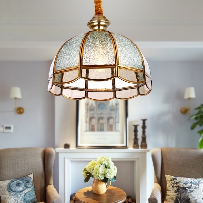Elegant Style Dome Pendant Light Hammered Glass 1 Light Brass Hanging Light for Living Room