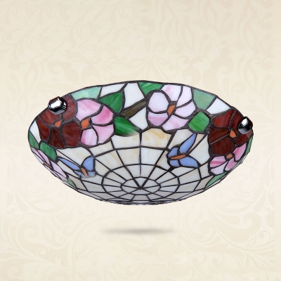 Floral Theme Domed Flushmount Light Rustic Stylish Stained Glass Ceiling Light for Villa