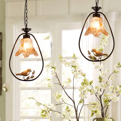 Flower Shade Hanging Lamp 1 Light Glass Ceiling Light with Bird Decoration for Balcony
