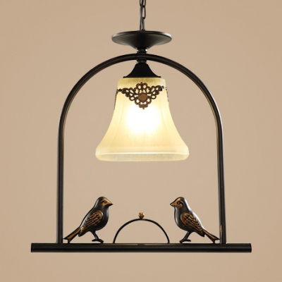 Frosted Glass Bell Shade Pendant Light 1 Light American Rustic Hanging Lamp with Bird for Balcony
