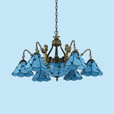 Glass Cone & Dome Chandelier with Mermaid Living Room 9 Lights Tiffany Style Pendant Lamp in Blue