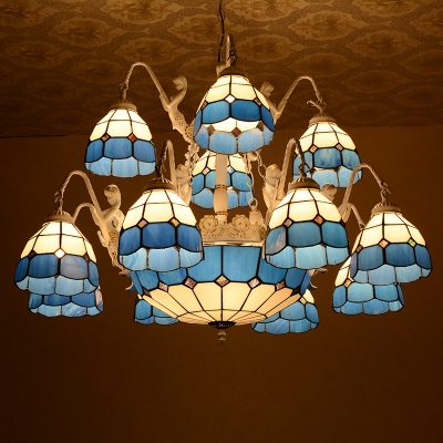 Glass Dome Suspension Light with Mermaid Living Room 15 Lights Tiffany Style Chandelier in Blue
