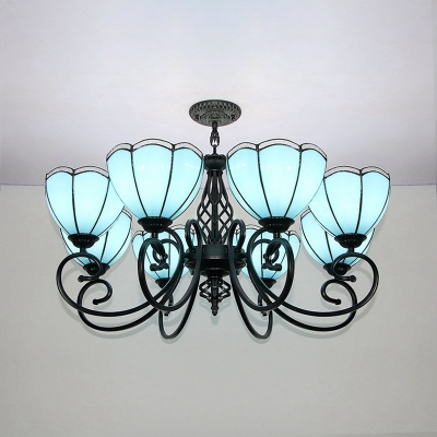 Glass Domed Shade Chandelier 8 Lights Traditional Ceiling Light in Blue for Living Room Restaurant