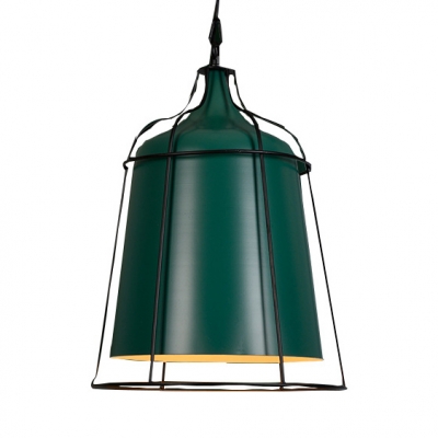 Green Bucket Ceiling Light with Cage 1 Light Industrial Aluminum Pendant Light for Restaurant