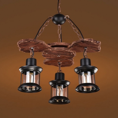 Industrial Black Kerosene Hanging Light 3 Lights Wood Chandelier for Restaurant Cloth Shop