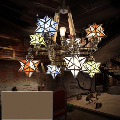 Industrial Pipe & Star Chandelier Stained Glass 9 Lights Hanging Light for Restaurant Bar