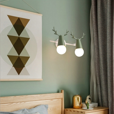 Lovely Deer Horn Sconce Light Metal 2 Lights Macaron Blue/Pink/Green Wall Lamp for Boy Girl Bedroom