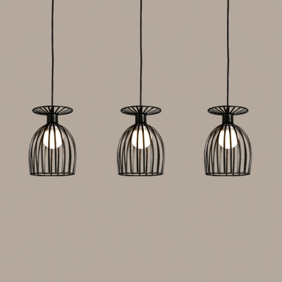 Metal Birdcage Hanging Light 3 Lights Rustic Style Pendant Lamp in Black for Dining Room