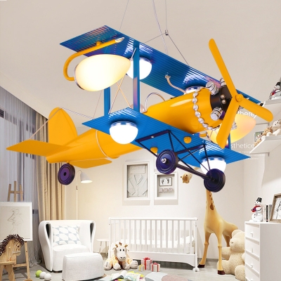 Metal Propeller Airplane Hanging Lamp Child Bedroom Cartoon Cool LED Pendant Light in Blue & Yellow