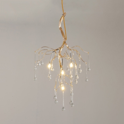 Metal Twig Pendant Lamp with Teardrop Crystal Restaurant 4/6/9 Lights Elegant Style Chandelier in Gold