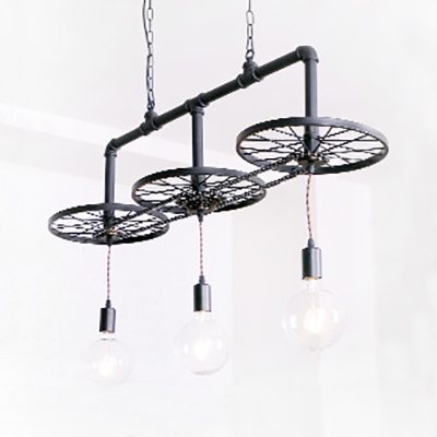 Metal Wheel Pendant Light Dining Room 3 Lights Industrial Suspension Light in Black