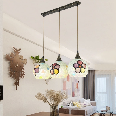 Modern White Pendant Light Sphere Shade 3 Lights Glass Hanging Light with Flower for Living Room
