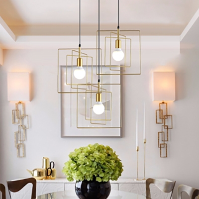 Modern Wire Frame Pendant Lamp 3 Lights Metal Linear/Round Canopy Ceiling Light in Gold for Bedroom