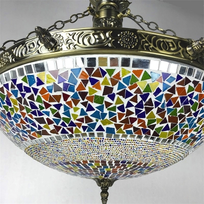 Moroccan Turkish Colorful Chandelier Bowl Shade 3 Lights Stained Glass Hanging Light for Foyer