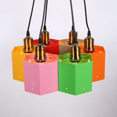 Multi-Color Square Pendant Light 6 Heads Industrial Metal Suspension Light for Bar Restaurant