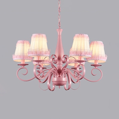 Pink Flower/Lace/Plaid Chandelier with Tapered Shade 6 Lights Metal Hanging Light for Hotel