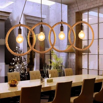 Restaurant Ring Pendant Lamp Rope Metal 4 Lights Vintage Style Beige Suspension Light