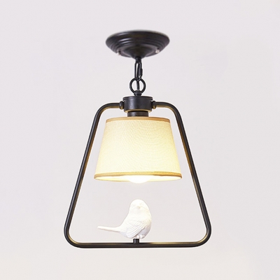Rustic Style Black/White Ceiling Light Tapered Shade 1 Light Fabric Pendant Light with Bird for Balcony